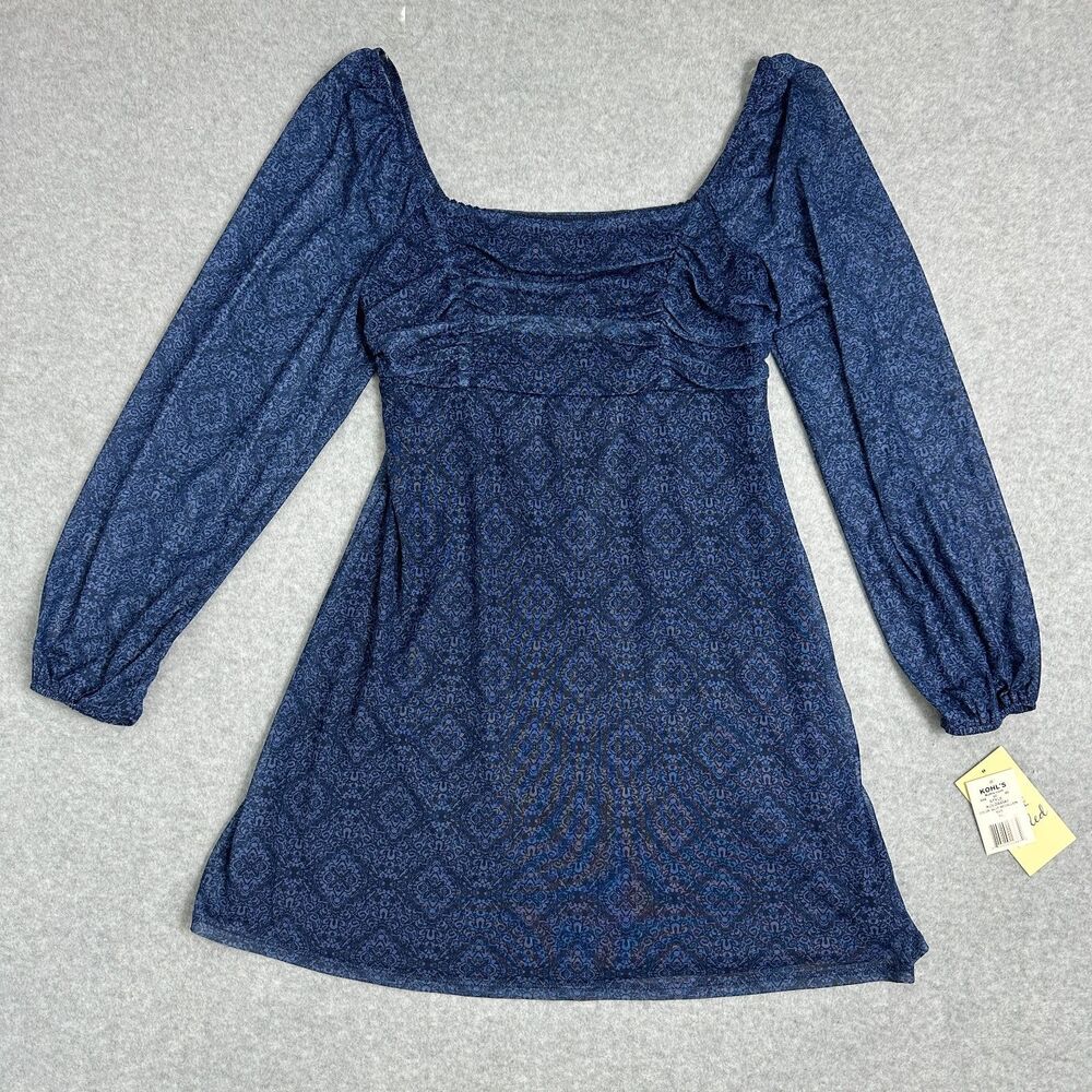 NWT La Mamba Women's Blue Long Sleeves Skater Square Neck Mini Dress Size XL
